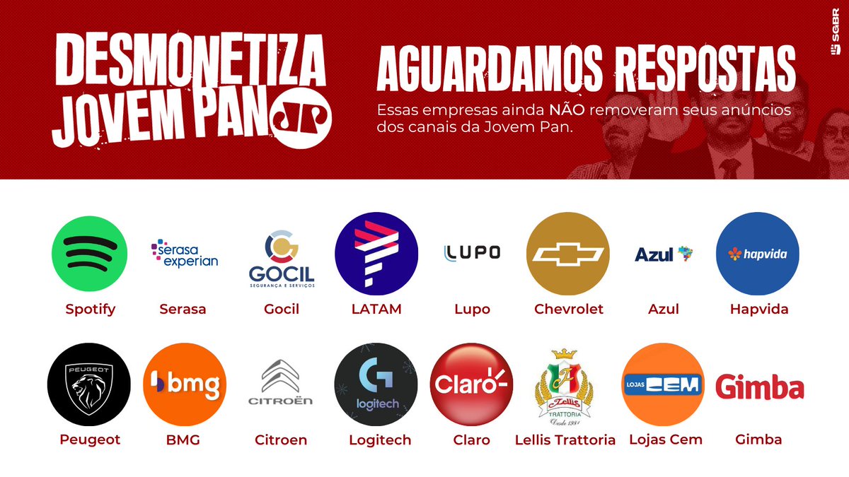 slpng_giants_pt's tweet image. 🚨 Vamos começar a semana com 1000 comentários  #DesmonetizaJovemPan as empresas que ainda anunciam no site ou na rádio/TV? 👇🏽

📢  @Huawei_Brasil @C6Bank @SumUp_BR @oBoticario @Lacta @yamahabrasil @JeepdoBrasil @americanas @xpinvestimentos @FiatBR @SpotifyBrasil @LogitechG