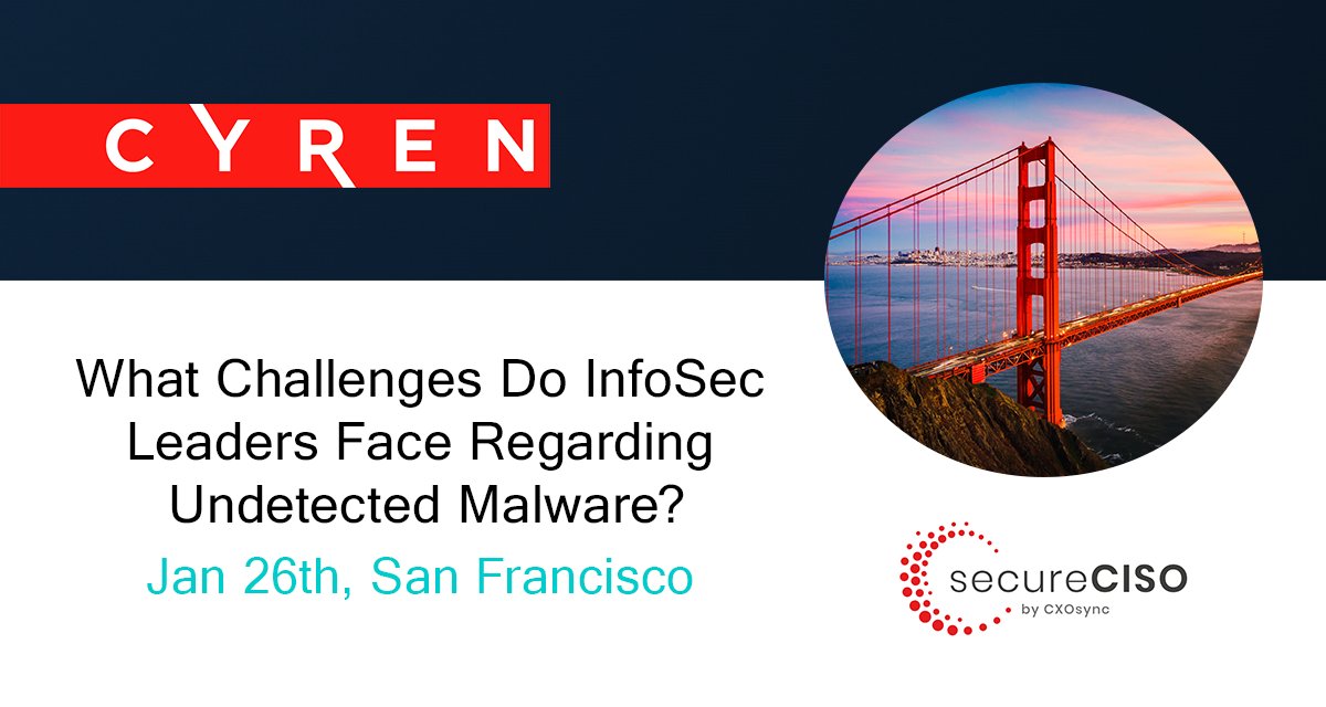 Who's heading to the <a href="/CXOsync/">CXOsync</a> event in San Francisco on January 26th? 🌉

The Cyren team are looking forward to hearing from #infosec leaders about the challenges they face regarding undetected malware.

Find more details about the event here: bit.ly/3QHTHjA

#secureCISO