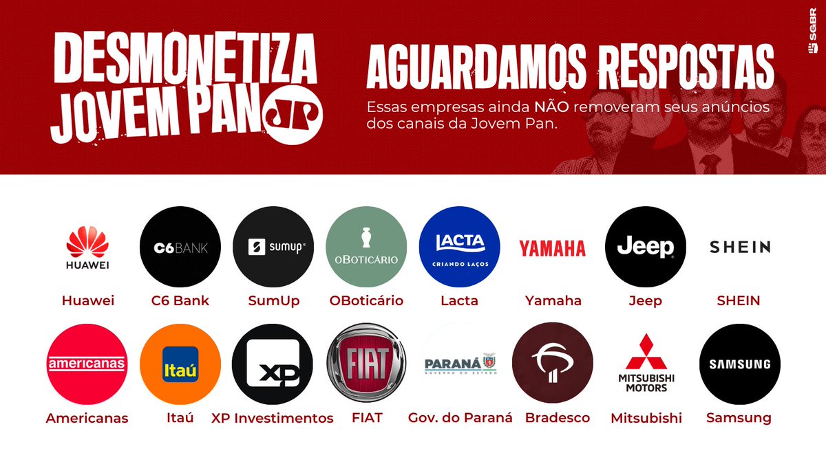 slpng_giants_pt's tweet image. 🚨 Vamos começar a semana com 1000 comentários  #DesmonetizaJovemPan as empresas que ainda anunciam no site ou na rádio/TV? 👇🏽

📢  @Huawei_Brasil @C6Bank @SumUp_BR @oBoticario @Lacta @yamahabrasil @JeepdoBrasil @americanas @xpinvestimentos @FiatBR @SpotifyBrasil @LogitechG