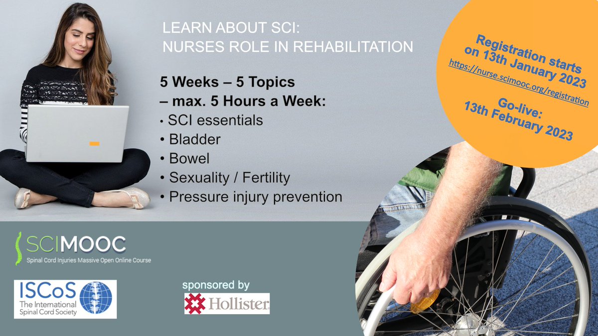 ISCoS Meetings (@iscosmeetings) on Twitter photo The First Spinal Cord Injury Nurse Massive Open Online Course will Go-Live on the 13th of February
Designed by the ISCoS Nurse Special Interest group, in collaboration with the ISCoS Education Committee and supported by <a href="/HollisterInc/">Hollister Incorporated</a>
Register here: nurse.scimooc.org The First Spinal Cord Injury Nurse Massive Open Online Course will Go-Live on the 13th of February
Designed by the ISCoS Nurse Special Interest group, in collaboration with the ISCoS Education Committee and supported by <a href="/HollisterInc/">Hollister Incorporated</a>
Register here: nurse.scimooc.org