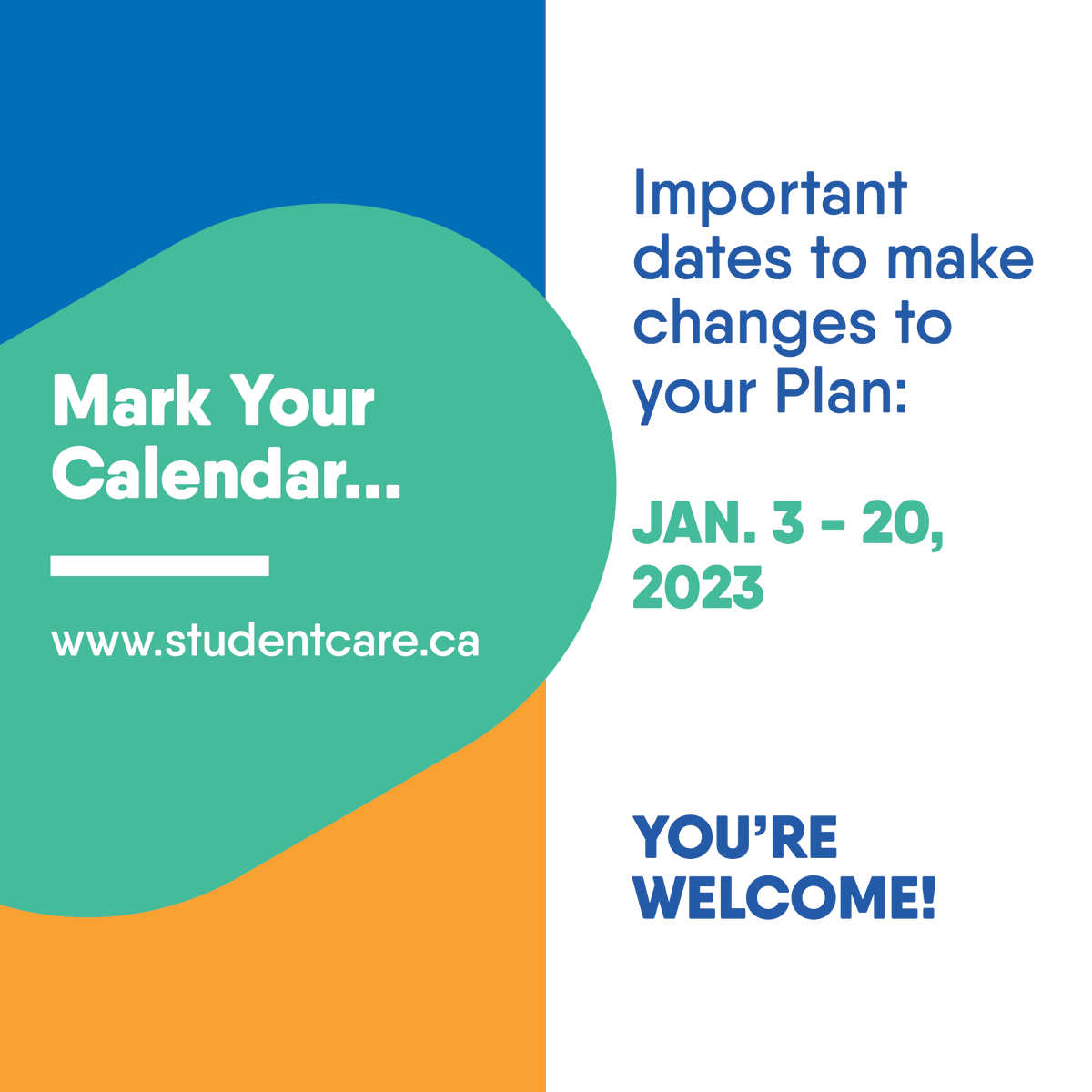 Change-of-coverage period for new January students and those returning from a co-op term. 

You have access to a Health &amp; Dental Plan. Enrol yourself  ✍️ and your family during the Change-of-Coverage Period. 

Visit studentcare.ca to learn more.