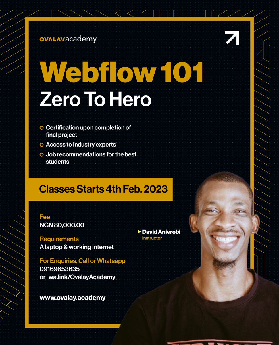 ovalaydigital's tweet photo. If you are signing up for Webflow, meet one of your instructor, Sensei David Anierobi, @iamDavemarz 💃🏾💃🏾🥳🥳
Get ready for an awesome experience learning how to develop beautiful interactive websites using Webflow.👏🏾
#ovalayacademy #designacademy #designschool #designtwitter https://t.co/o7qOeSV5HJ