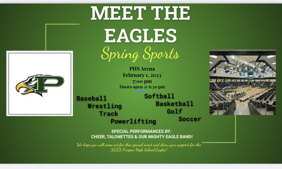 CheerProsper's tweet photo. Save the date for @ProsperHS Spring Sports MEET THE EAGLES 🦅 @ThePHSBaseball @PHSFastpitch @prosperhoops @ProsperEaglePL @prospergolfteam @ProsperSoccer @PHSWomensSoc @ProsperXCTrack @tonycooper89 @ProsperBand @PhsTalonettes https://t.co/ExxMQ3c8HF