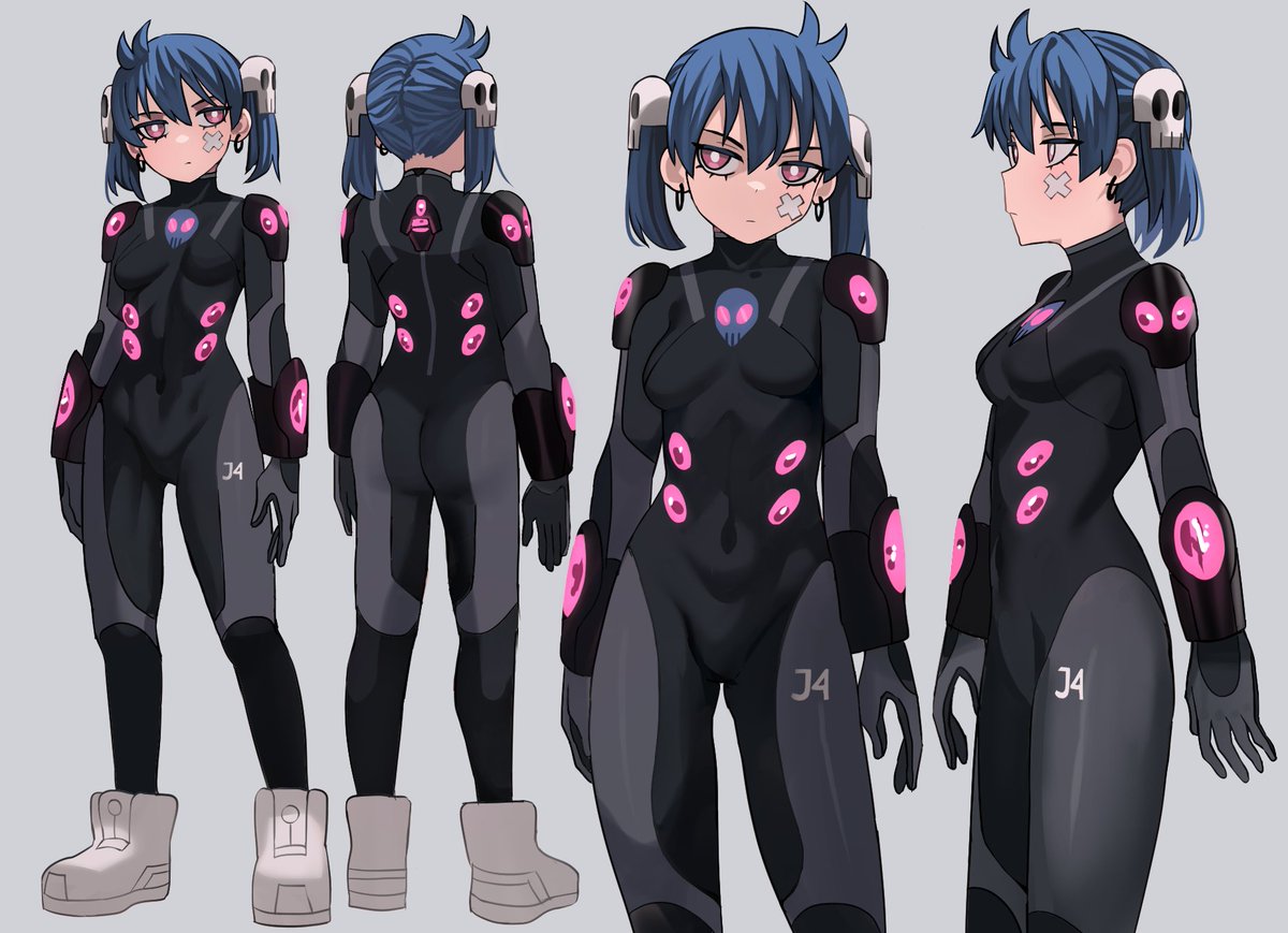 1girl arms at sides bangs black bodysuit blue hair bodysuit boots  illustration images