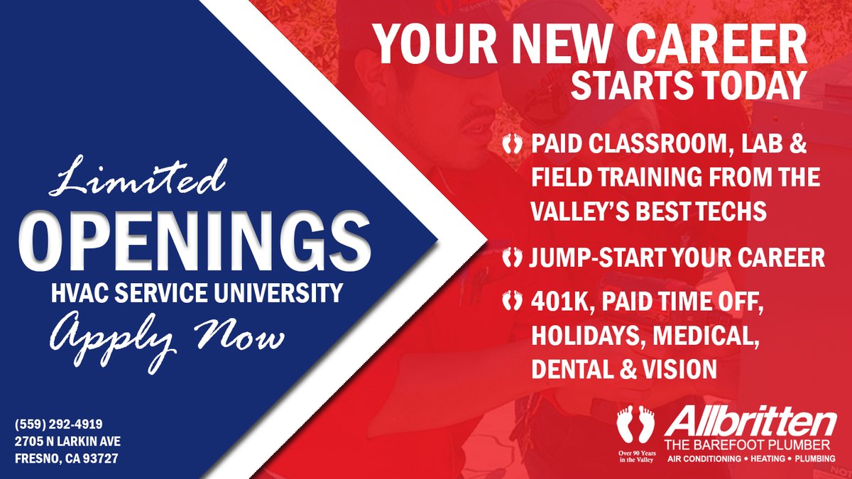 AllbrittenCA's tweet photo. We have limited spots remaining for our 2023 HVAC Service University. Looking to jumpstart your career in HVAC? Come in and apply today at 2705 N Larkin Ave, Fresno 93727. https://t.co/zKtiU5XAUX