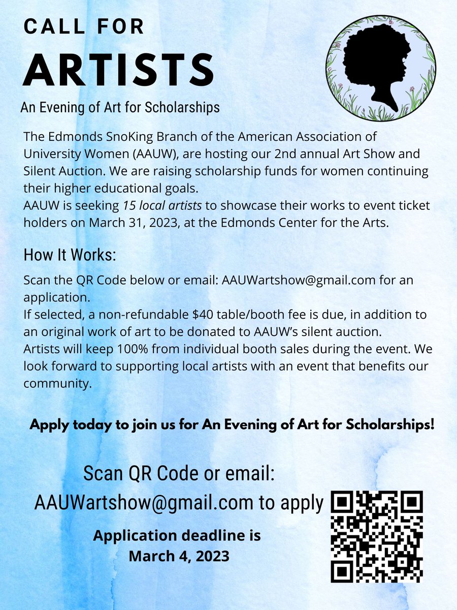 AAUW_ESKBranch's tweet photo. Call for Artists for our "2023 Evening of Art for Scholarships"!

Use the QR Code on this flyer or go to https://t.co/alo1ZVAoGJ to submit your application.

Learn more about our successful 2022 Art Show at https://t.co/mvuD7OFgoi

#PNWartist #SnoCo #SnohomishCounty #Scholarship https://t.co/5iZEIQDLiP