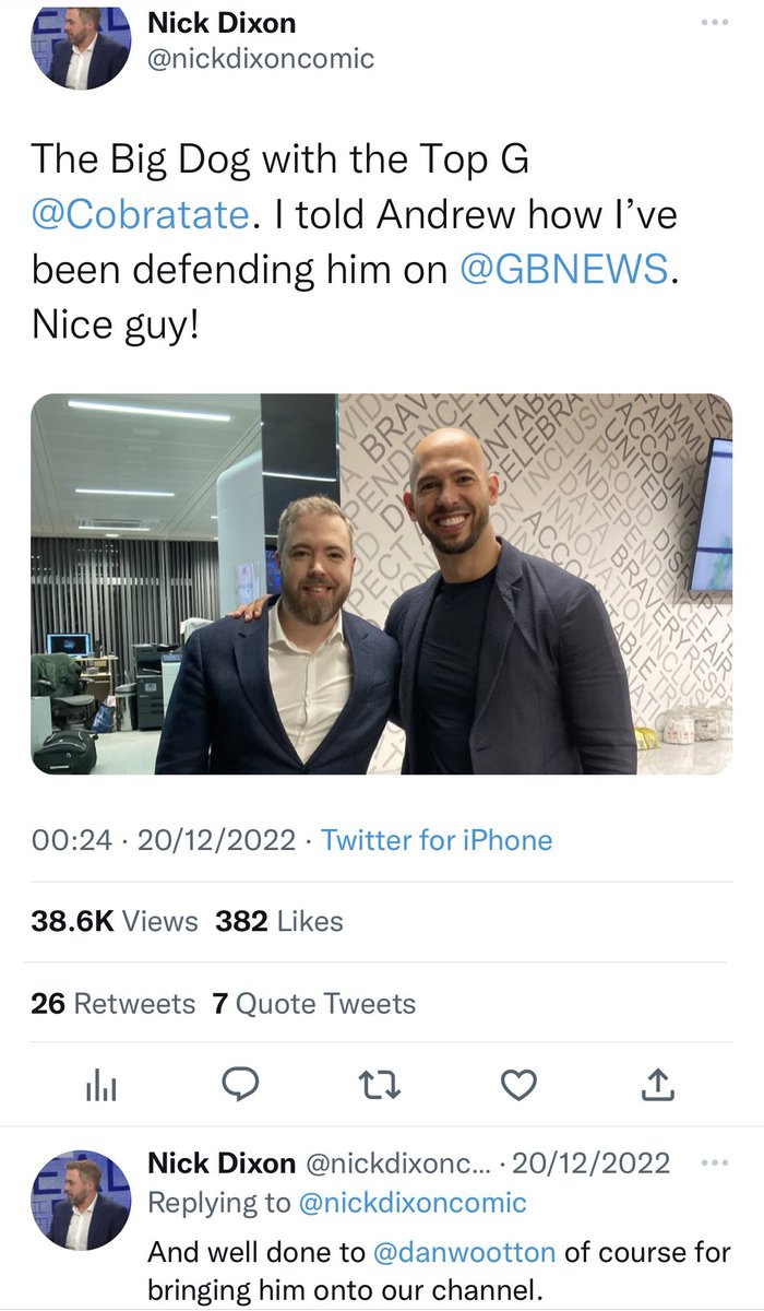 SandyMu79859586's tweet photo. @Virgini22168605 @nickdixoncomic But he defends Tate. https://t.co/BdeQ7lRGuZ