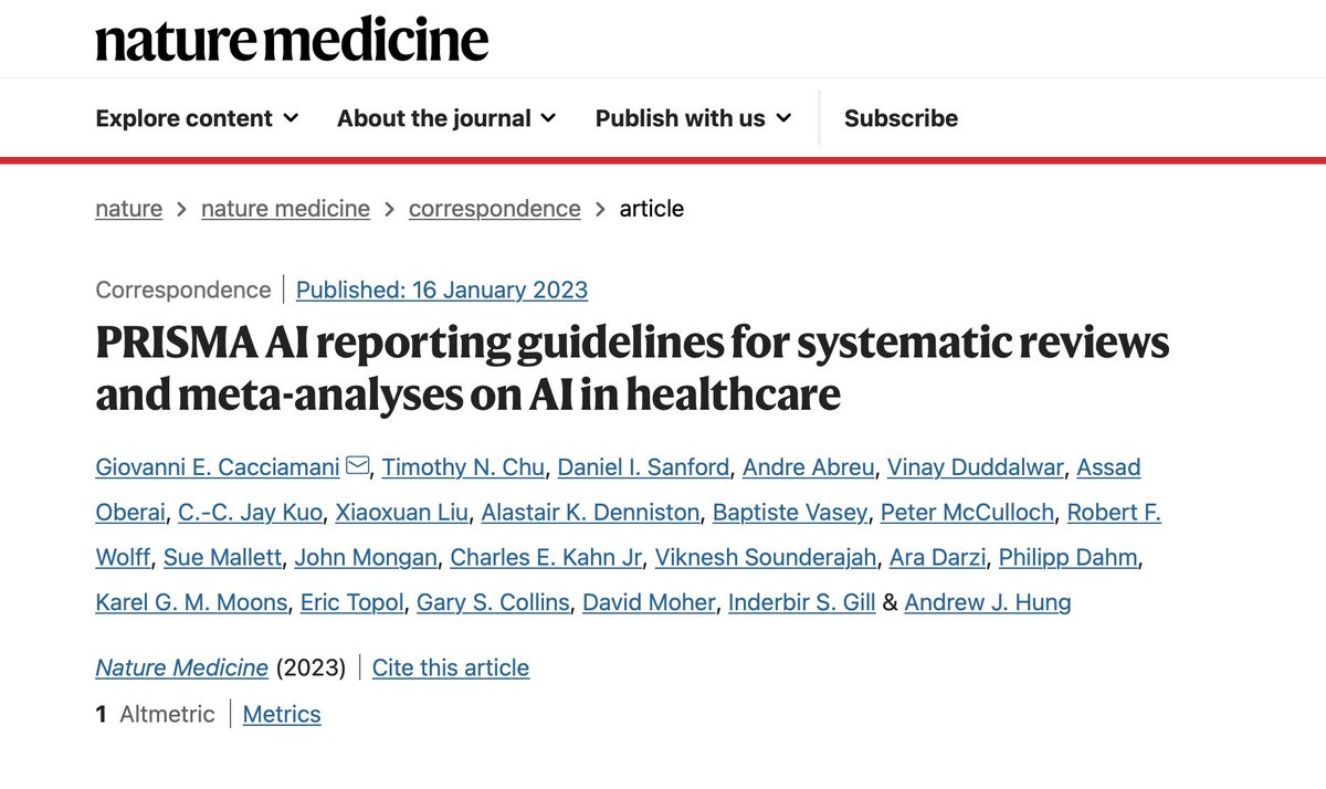 💡Announcing a new initiative in <a href="/NatureMedicine/">Nature Medicine</a>
 to develop a <a href="/AI_PRISMA/">PRISMA_AI</a> implementation reporting tool for #SystematicReviews on #ArtificialIntelligence interventions in healthcare: PRISMA-AI

👉 tinyurl.com/y4deezka
🤓read it at rdcu.be/c3xJY