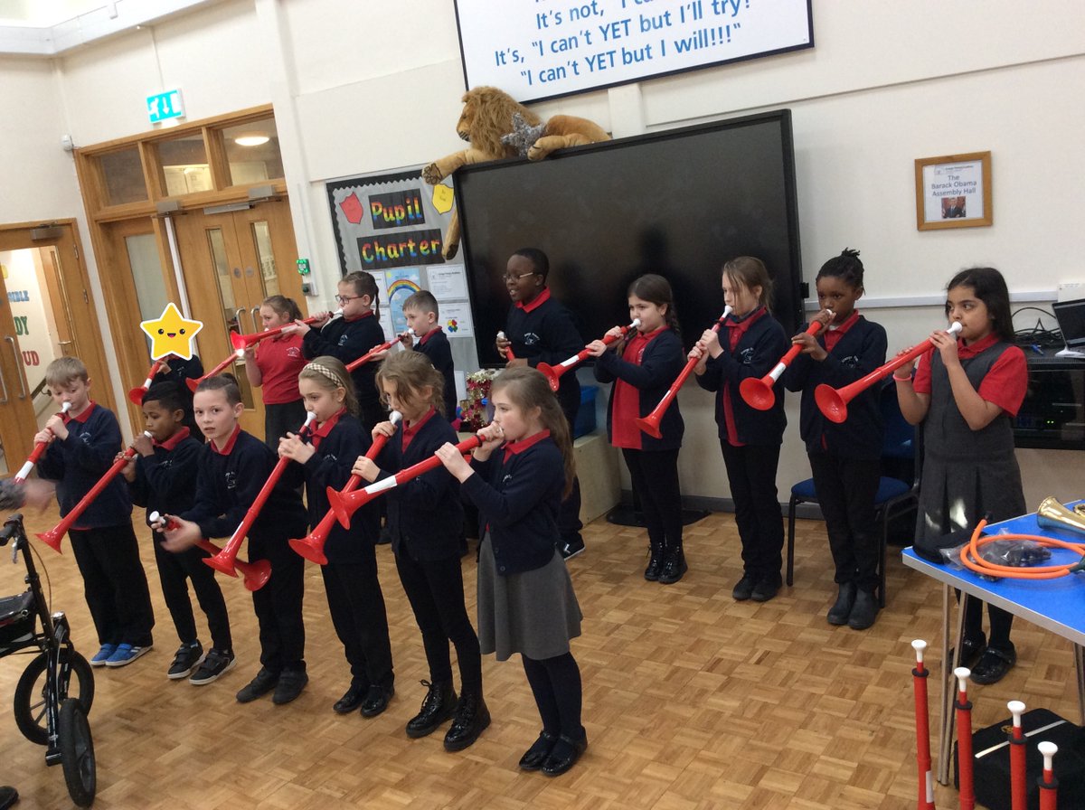 A visit to #Kettering this afternoon and the <a href="/Grange_Primary/">Grange Primary</a> to work with year five who produced a performance for assembly in just 30 minutes. Great job, year 5!
Nice to share the Brass Foundations love of brass with the whole school too (SA). <a href="/BrassBandsEng/">Brass Bands England</a> <a href="/NMPATrust/">NMPAT</a>