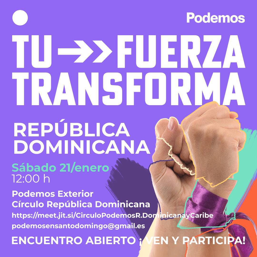PodemosSantoDgo's tweet photo. PODEMOS República Dominicana
Se acercan las elecciones autonómicas y en Podemos Exterior queremos escucharte y contar contigo 💜🌍

¡Te esperamos en nuestra asamblea este 21 a las 12 horas !

#LaDiasporaEspañolaTieneVoz
#TuFuerzaTransforma https://t.co/fuQn3bkPOw