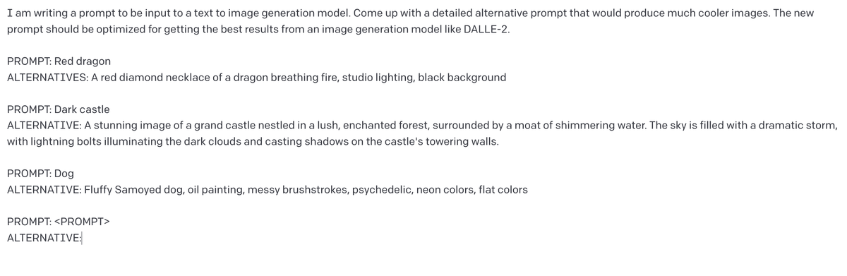 jayo782's tweet photo. Here are the prompts I am using:
- 2 for GPT-3 (one concise with templating, one more descriptive) 
- 1 for Dalle-2 https://t.co/BQ2W38zjQu