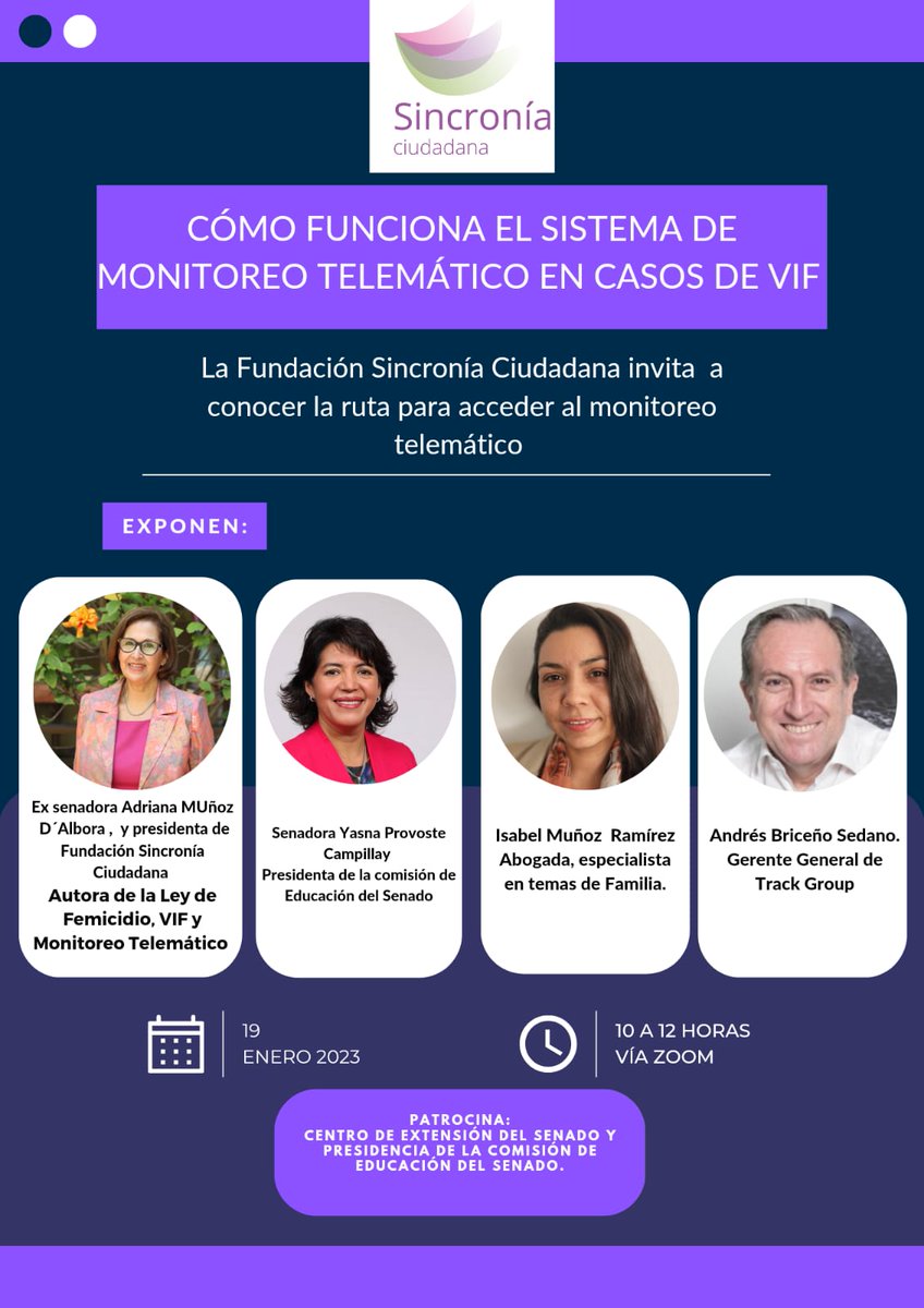 Las y los invitamos a participar del primer webinar de nuestra fundación Sincronía Ciudadana. En esta oportunidad abordaremos sobre cómo funciona el sistema de Monitoreo Telemático para prevenir Femicidios. Info por interno