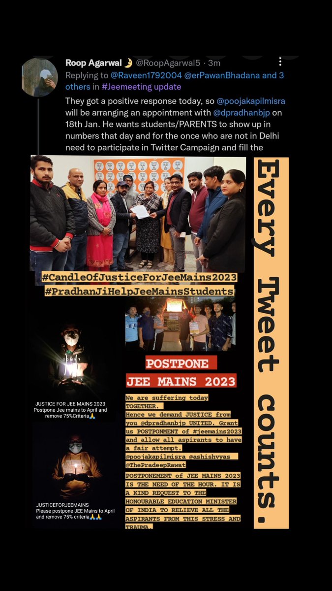 RoopAgarwal5's tweet photo. Aspirants are to follow 2 steps:
🔺Tweet/Quote Retweet with hashtags #CandleOfJusticeForJeeMains2023 #PradhanJiHelpJeeMainsStudents 
🔺Fill up the form circulated by @anubha1812 and @erPawanBhadana 
https://t.co/OofxbOYWtr

@poojakapilmisra @ThePradeepRawat @dpradhanbjp @DG_NTA https://t.co/eaqhnR4EhP