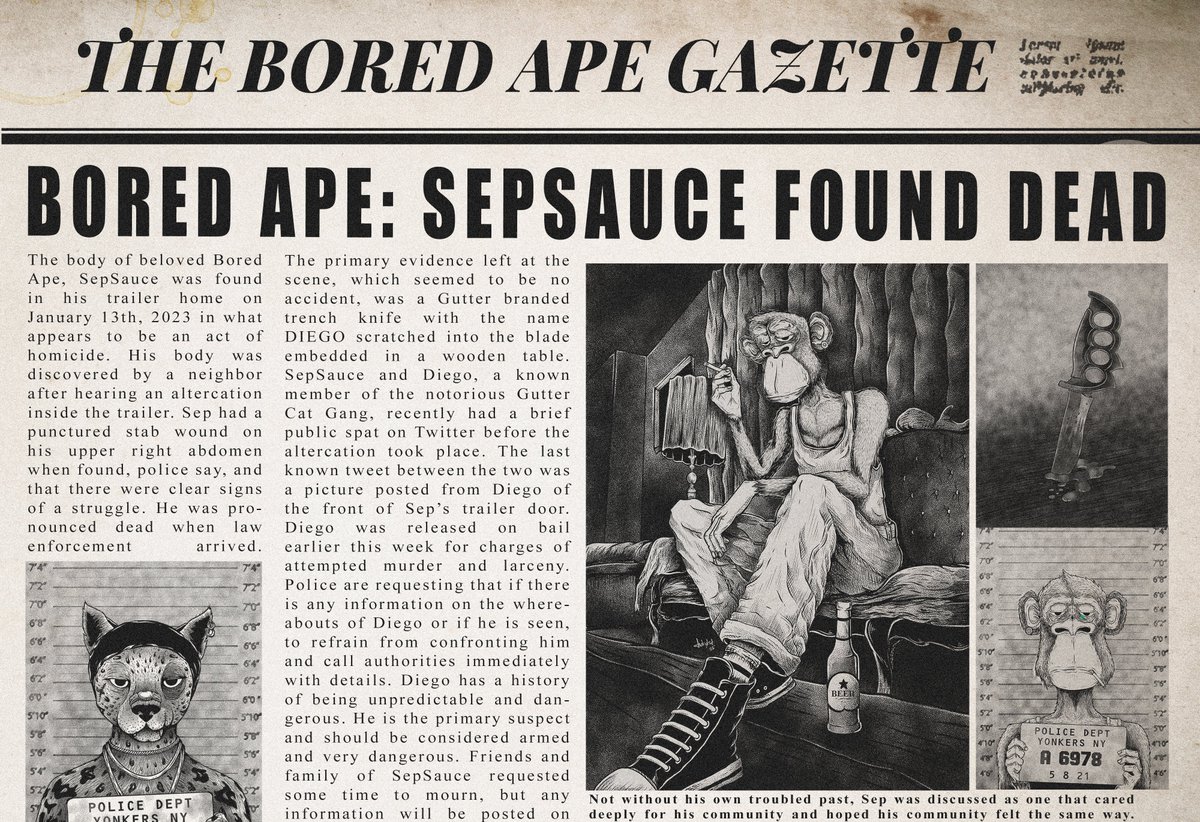 sepsauce's tweet photo. It is with a heavy heart we must announce this awful news. The ape you knew as SepSauce has been taken from us too soon. As his family we can say he loved the community and wanted all of you to make it. We will be giving details of any ceremonies we have planned soon. 
 #BAYC https://t.co/3LIv7UxeT1