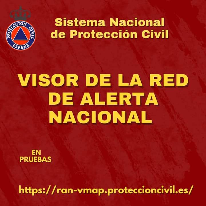 En prueba el visor de la Red de Alerta Nacional (RAN) de <a href="/proteccioncivil/">Protección Civil</a> 

👉 ran-vmap.proteccioncivil.es

👉 Avisos y alertas activos o previstos a 24 horas

👉 Actualización cada hora

👉 La RAN se gestiona por el #CENEM de <a href="/interiorgob/">Ministerio del Interior</a> 

#CulturaPreventiva2023