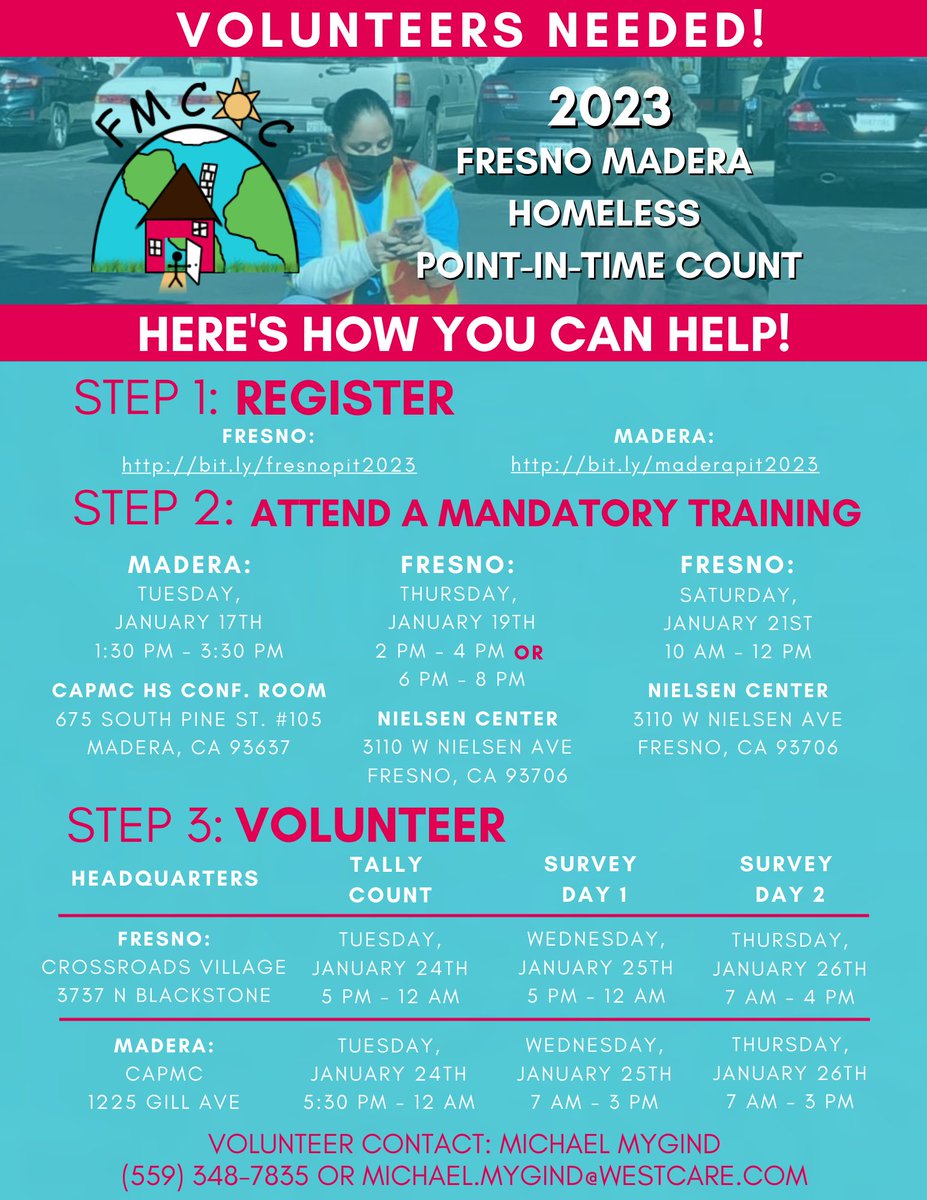 FresnoMaderaCoC's tweet photo. It's officially training week for the 2023 #Fresno #Madera Homeless Point-In-Time Count! See graphics for details &amp; registration links below. 🫶

Fresno Registration: https://t.co/6nDbpiRtom

Madera Registration: https://t.co/rkhrLjoeLQ

#PointInTimeCount #EndHomelessness https://t.co/2LzzMdupOw