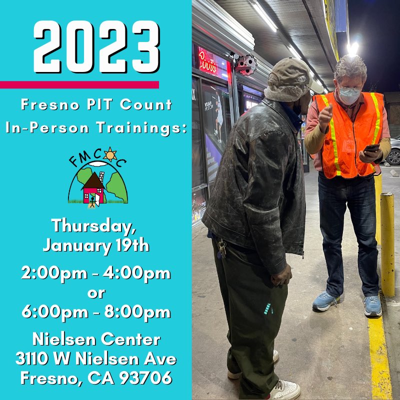 FresnoMaderaCoC's tweet photo. It's officially training week for the 2023 #Fresno #Madera Homeless Point-In-Time Count! See graphics for details &amp; registration links below. 🫶

Fresno Registration: https://t.co/6nDbpiRtom

Madera Registration: https://t.co/rkhrLjoeLQ

#PointInTimeCount #EndHomelessness https://t.co/2LzzMdupOw