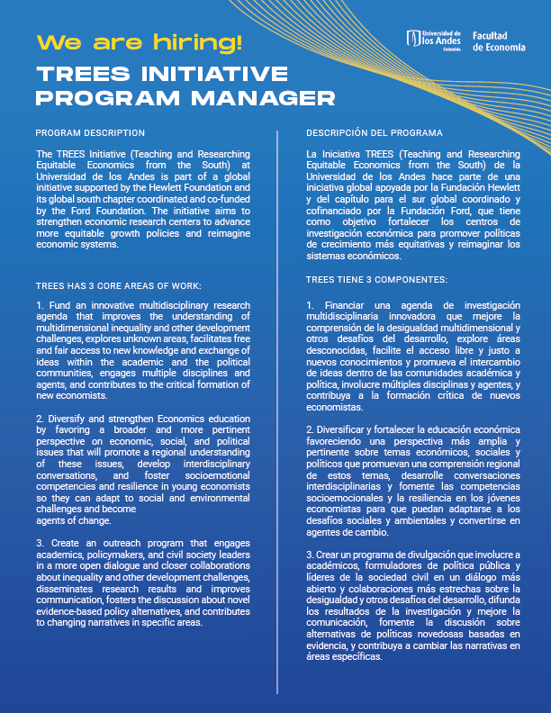 EconomiaUAndes's tweet photo. 📣 We are hiring! | ¡Estamos contratando! 
TREES iniciative Program Manager
More info - Más información 👉 https://t.co/ENT0aAAMOu👇 https://t.co/HCDQc3W4p3