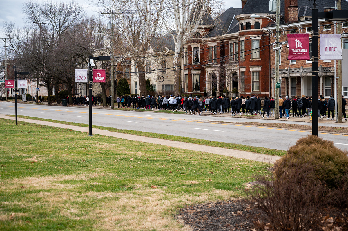 Transy's tweet photo. The Transylvania community took part in today's #MLKDay Freedom March marking the 50th year Lexington has hosted a commemorative program for the civil rights leader. Students, faculty and staff walked as a group the short distance downtown for the event. https://t.co/liWIB329RT