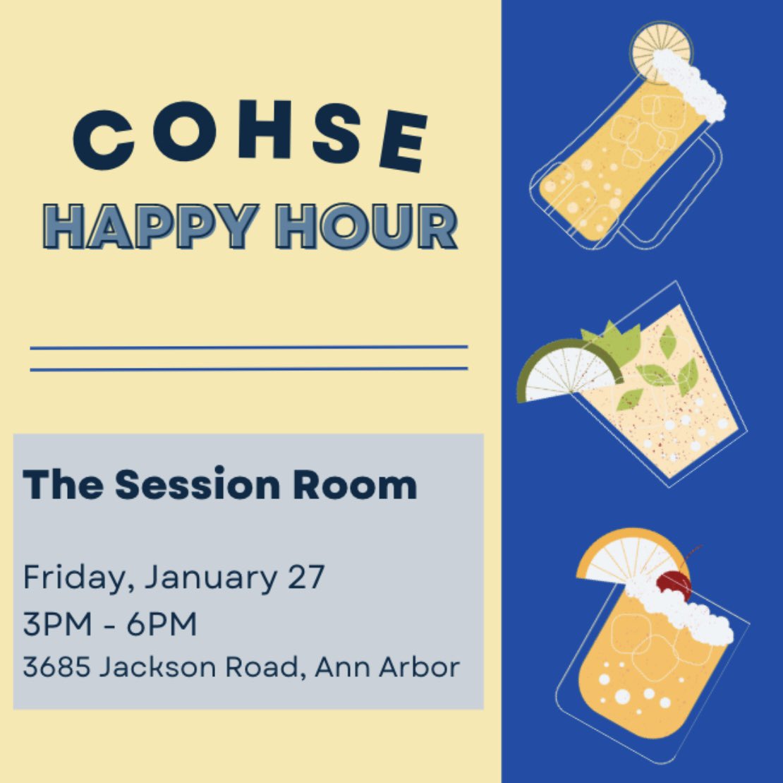 UMIHSA's tweet photo. We are excited to announced that UMIHSA will be joining the rest of COHSE for a happy hour event at The Session Room on Friday, January 27. This event will foster collaboration and socialization among the cohorts. See you there! https://t.co/RZNNSjrjsM