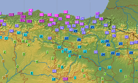 AEMET_PaisVasco's tweet photo. Fuertes precipitaciones de #lluvia en el día de hoy 16-1-2023 (hasta las 21h.l.)Las más copiosas en la costa de #Bizkaia. En el #observatoio #Igeldo_behategia (#Donostia #SanSebastian) ha recogido 56 L/m2 en las últimas 21h. https://t.co/wqGy4tj9pp
