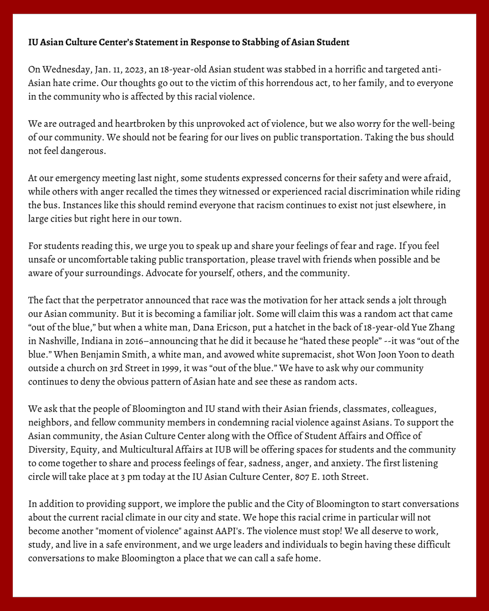 ACC_IU's tweet photo. IU Asian Culture Center’s Statement in Response to Stabbing of Asian Student
January 12, 2022 https://t.co/nfXWsfldYv