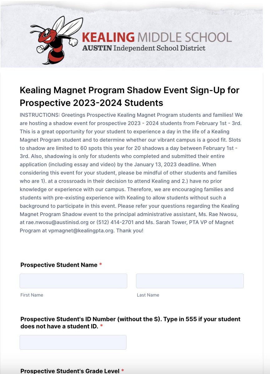 Prospective Kealing Students can sign up to shadow a Kealing Hornet 2/1 - 2/3 here: form.jotform.com/230154424475149