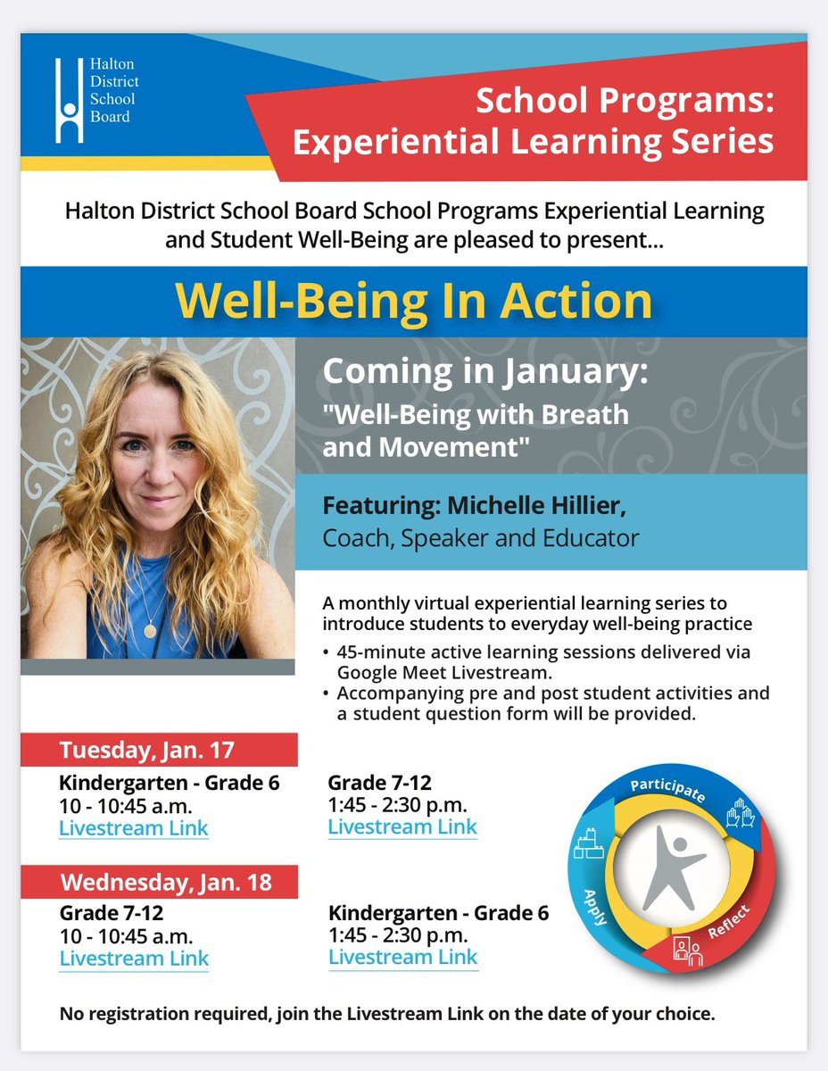 Join <a href="/HDSBSecProgram/">HDSB Secondary School Program</a>, <a href="/HDSBElemProgram/">HDSB Elementary School Program</a>, and <a href="/HDSB_smhwb/">HDSB student mental health and well-being</a> tomorrow and/or Wednesday for Well-Being in Action!