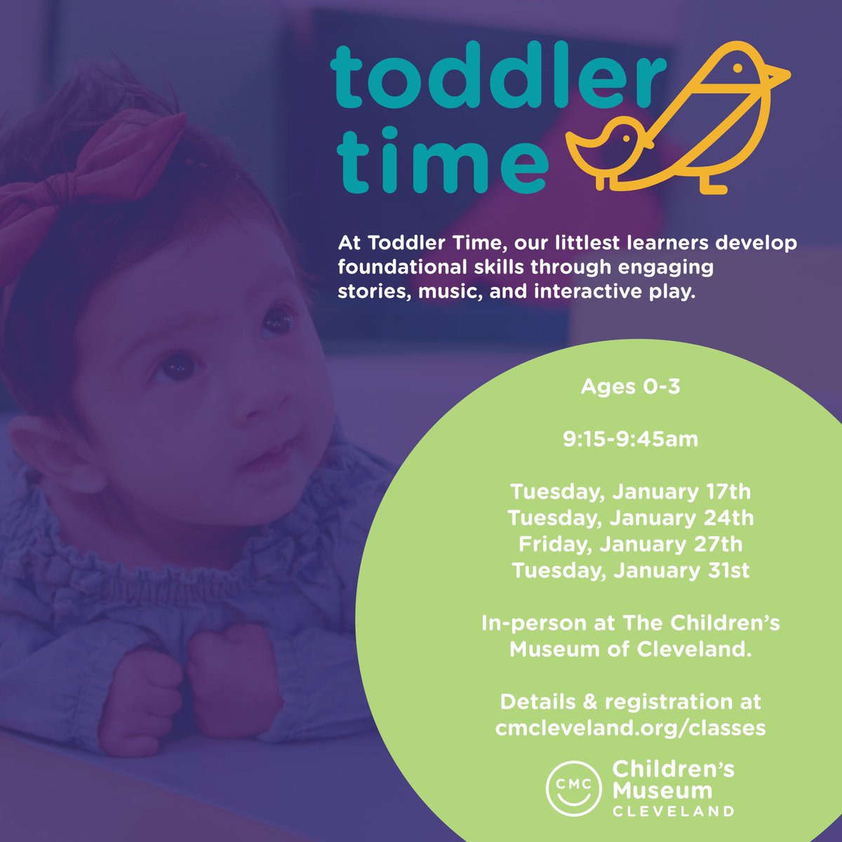 Toddler Time is back! This program allows our littlest learners (ages 0-3) to wiggle, sing, play, and grow through an engaging educator-led group class. Spaces are limited! 

Details &amp; registration: cmcleveland.org/classes/