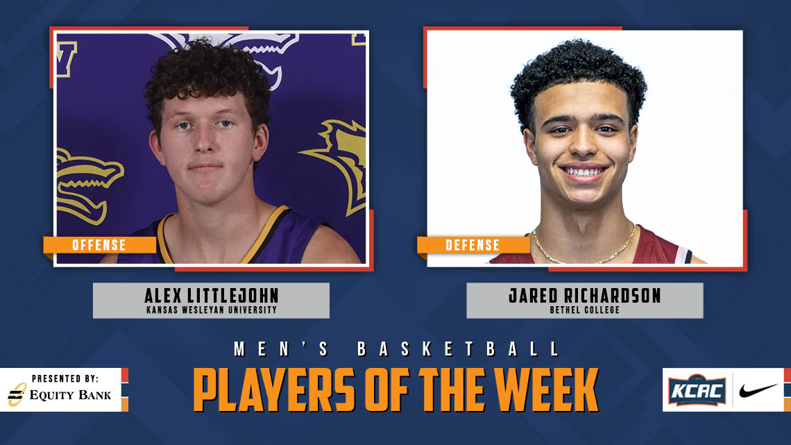 Kansas Collegiate Athletic Conference (@kcacsports) on Twitter photo Alex Littlejohn of <a href="/kwucoyotes/">Kansas Wesleyan Coyotes</a> and Jared Richardson of <a href="/ThreshersSports/">Bethel Threshers β</a> Earn KCAC Men's Basketball Weekly Honors, presented by <a href="/EQUITYBANK/">Equity Bank</a>! bit.ly/3WgzEd6 #KCACmbb #LetsBuildEquity #LetsBuildLeaders
<a href="/NAIA/">NAIA</a> <a href="/NAIAHoopsReport/">NAIA Hoops Report</a> Alex Littlejohn of <a href="/kwucoyotes/">Kansas Wesleyan Coyotes</a> and Jared Richardson of <a href="/ThreshersSports/">Bethel Threshers β</a> Earn KCAC Men's Basketball Weekly Honors, presented by <a href="/EQUITYBANK/">Equity Bank</a>! bit.ly/3WgzEd6 #KCACmbb #LetsBuildEquity #LetsBuildLeaders
<a href="/NAIA/">NAIA</a> <a href="/NAIAHoopsReport/">NAIA Hoops Report</a>