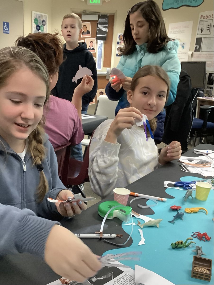 Fifth grade electrical engineers applied their knowledge of circuits from last week to complete an electrical template, lighting up the ocean! #Papercircuits, copper tape, battery, and LED lights.💡Matt 5:16 Let your light shine #STEM #STEMeducation #science