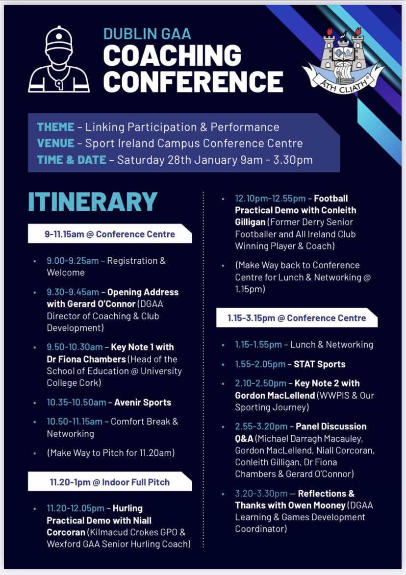 DublinGAACoach's tweet photo. 🚨COACHING CONFERENCE🚨

⏳Don’t Miss Out

🤩All Welcome Near &amp; Far

📆 Sat 28th January
📍 Sport Ireland Conference Centre
⏰ 9am-3.30pm

🎟️ CLICK 🔗⬇️ FOR INFO
https://t.co/NJyEd1iY1U

#DubGAAConference #GAA #Participation #Performance #Coaching #Learning #Games #Development https://t.co/4Q4c3KH4Kk