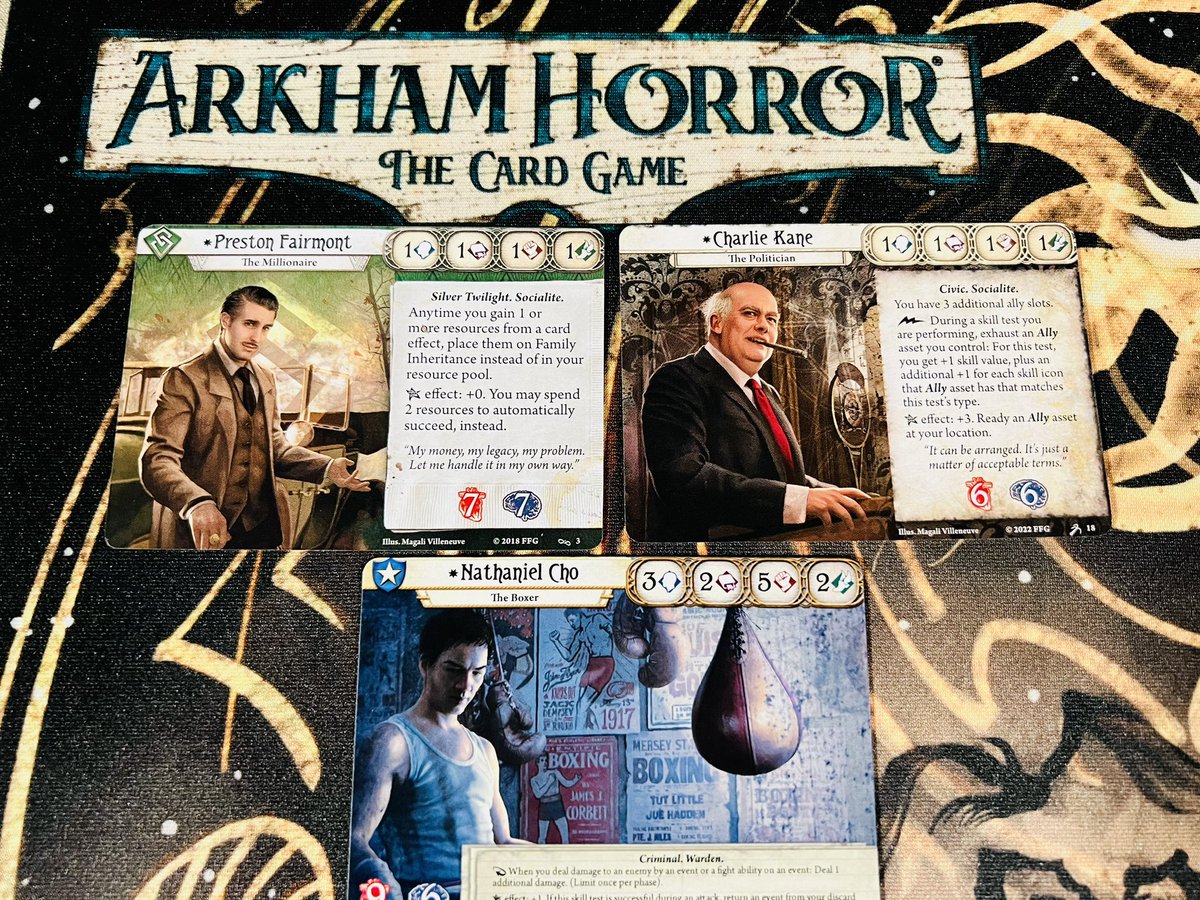 Justin is going to embark on some major Arkham Horror LCG from <a href="/FFGames/">FantasyFlightGames</a> for our #mythosmonday which investigator should he play? Nathaniel? Charlie? Preston? #arkahmhorrorlcg #ffg