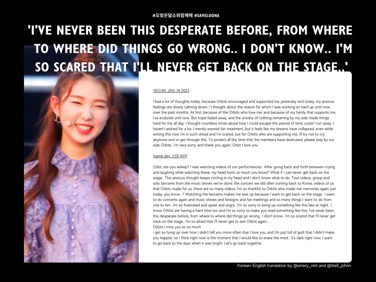 selpideeeeeeeee's tweet photo. After years of mistreatment + a trap contract that led them to receive no income since 2016, LOONA has just lost the lawsuit that would've freed them from their company. I've compiled some of the members' words on the matter. Please read &amp; share (+)
#오빛은달소와함께해
#SaveLoona https://t.co/bGrtcFWxE7