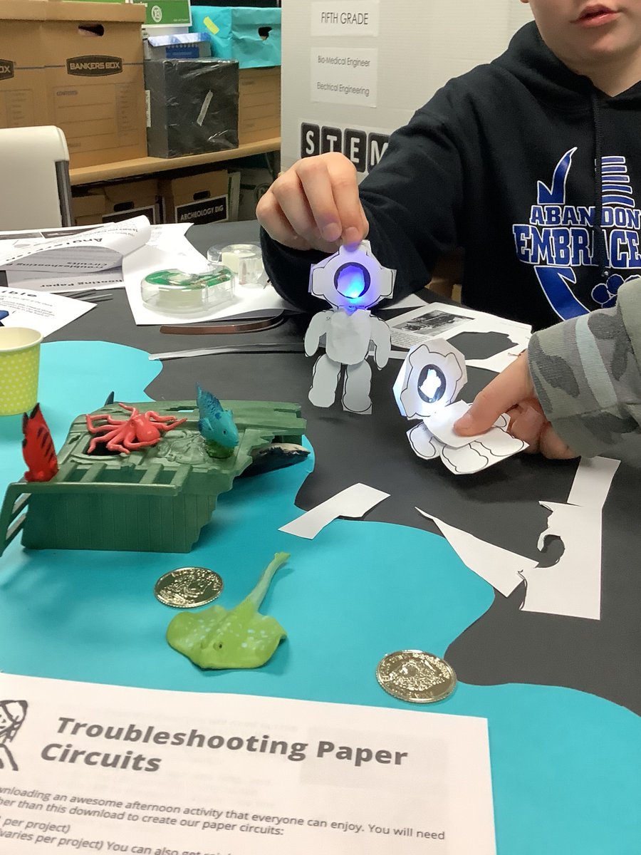Gamerd0g's tweet photo. Fifth grade electrical engineers applied their knowledge of circuits from last week to complete an electrical template, lighting up the ocean! #Papercircuits, copper tape, battery, and LED lights.💡🦈🧜‍♀️ #STEM #STEMeducation #science https://t.co/7cZCtHB3Ei