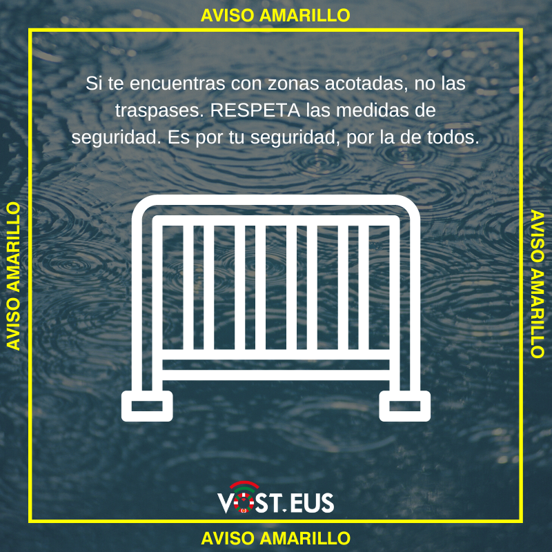 VOSTeuskadi's tweet photo. 🟡 Si te encuentras con zonas acotadas, no las traspases. RESPETA las medidas de seguridad. Es por tu seguridad, por la de todos/as. 

#Euria #Abisuhoria #Uholdea https://t.co/aiKFWHB5yd