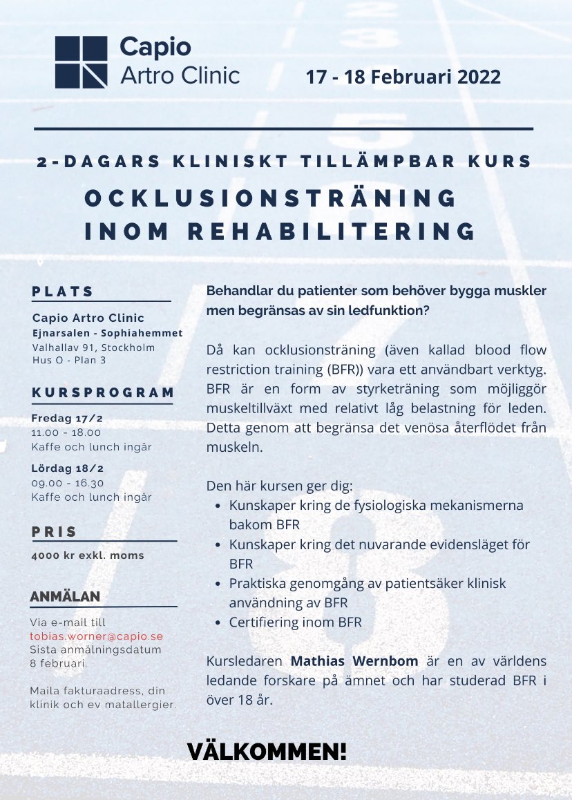 Tobias Wörner (@wuninho) on Twitter photo Ta chansen att lära dig mer om ocklusionsträning med en av Nordens mest erfarna forskare inom ämnet!
Välkommen till en spännande tvådagars-kurs på <a href="/artroclinic/">Capio Artro Clinic</a> Ta chansen att lära dig mer om ocklusionsträning med en av Nordens mest erfarna forskare inom ämnet!
Välkommen till en spännande tvådagars-kurs på <a href="/artroclinic/">Capio Artro Clinic</a>