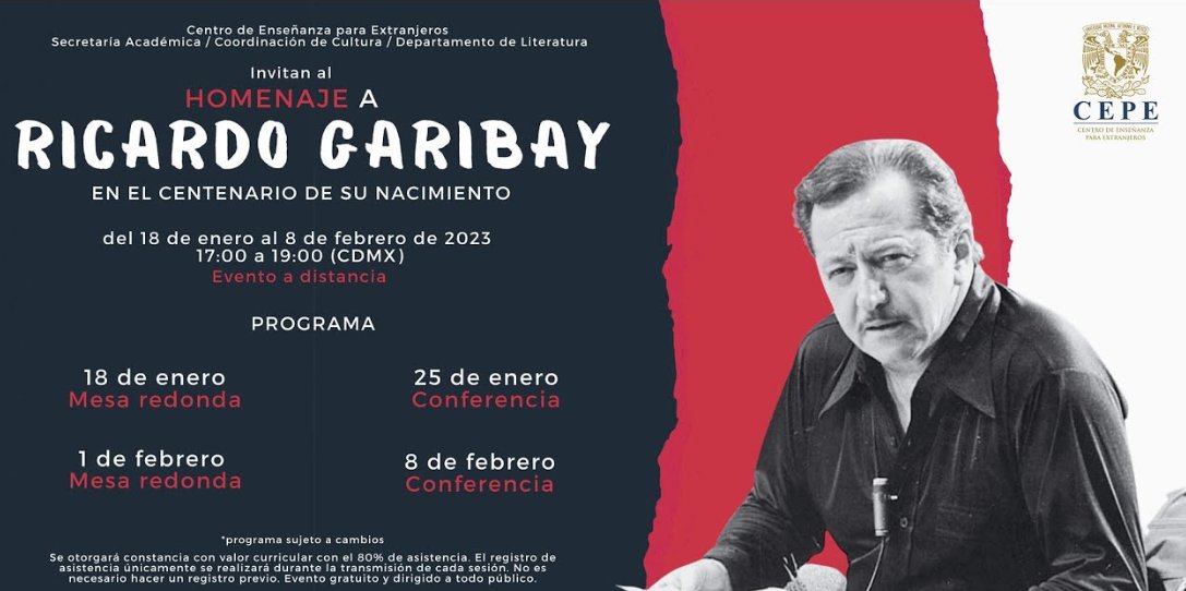 No te pierdas nuestro homenaje a Ricardo Garibay, a 100 años de su nacimiento. Comenzamos este miércoles 18 de enero a las 5pm. Puedes seguirlo en línea. Aquí el enalce: youtube.com/live/5Y4UjAyqd… ¡Te esperamos!