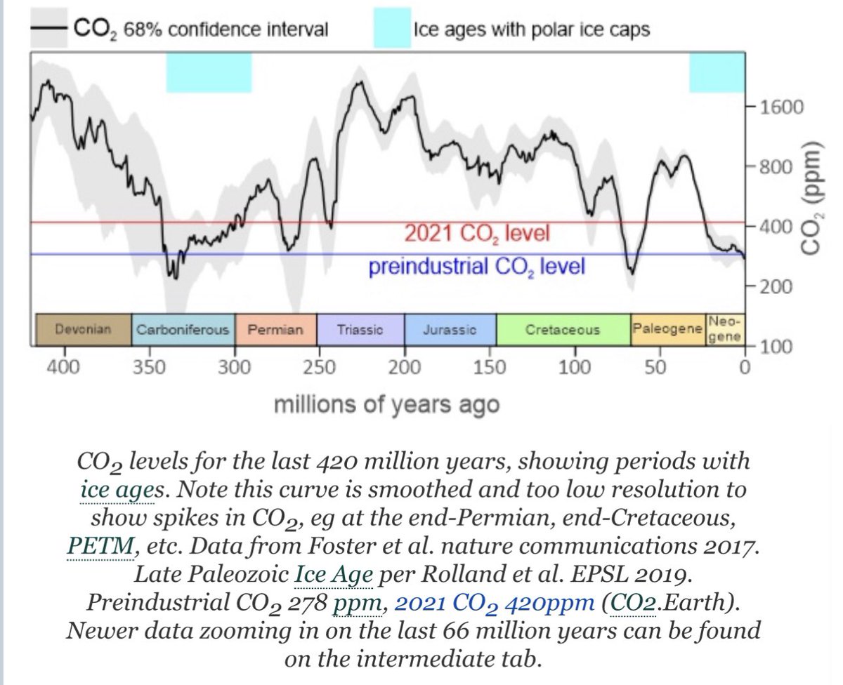 Carbon dioxide was double levels of today for 'most of the last 420 million years'. Before that, in the Cambrian, it was 20 times higher. But CO2 never controls temperatures & this demolishes the IPCC's claims of a future global warming catastrophe. It is just not true. A hoax.