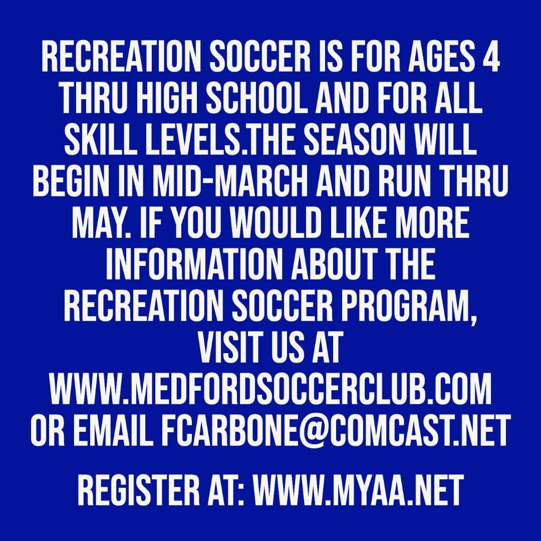 ATTENTION!! REGISTRATION FOR SPRING REC SOCCER IS NOW OPEN!!

REGISTRATION CLOSES ON FEBRUARY 19TH AT 
⏰11:00 PM⏰