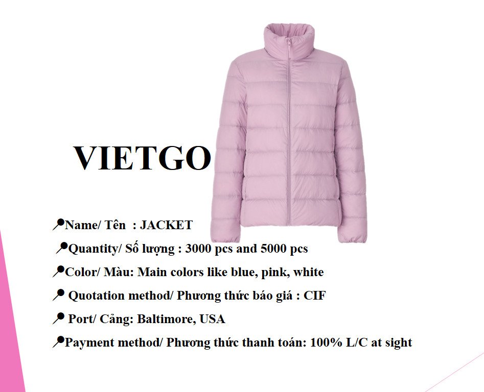 VietgoV's tweet photo. 📣📣Opportunity to export JACKETS to the US market

👉👉Get detail information on this link below: https://t.co/u1TJqrydzh

#Import, #Export,#Vietgo, #broker, #Trading , #buyinginquiry
#jackets https://t.co/nvLXhl8grl