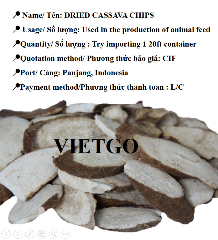 VietgoV's tweet photo. 📣📣 Cooperation deal to export DRIED CASSAVA CHIPS to the INDONESIAN market

👉👉Get detail information on this link below: https://t.co/1OYm5z4a7s

#Import, #Export,#Vietgo, #broker, #Trading , #buyinginquiry
 #driedcassavachips https://t.co/KYkgojvUUN