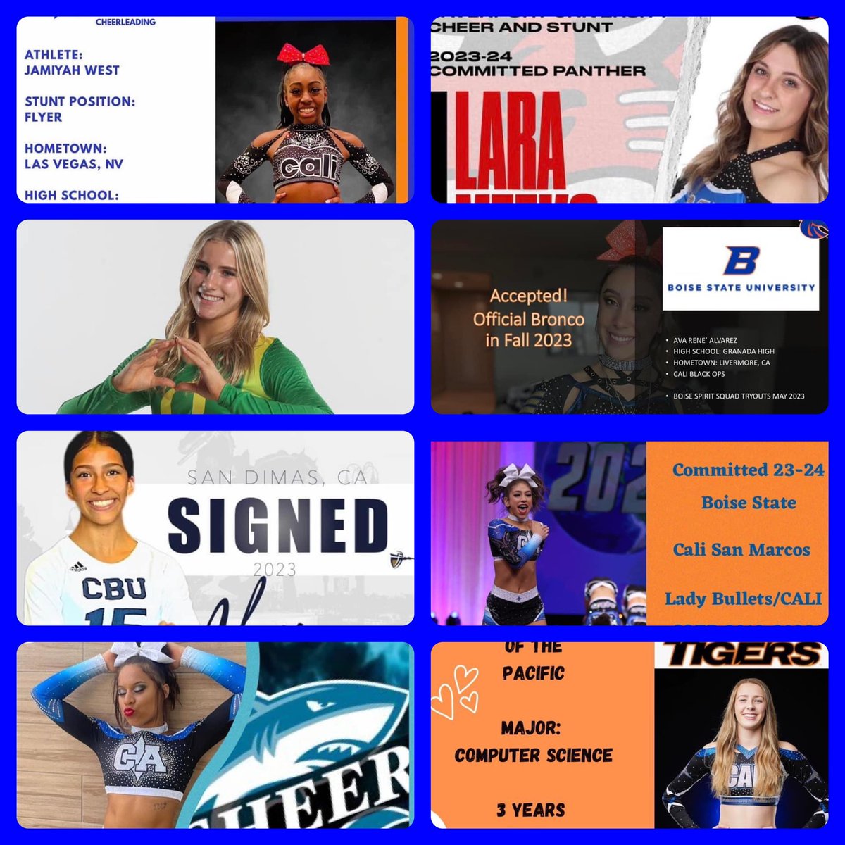 TheCaliAllStars's tweet photo. Congratulations! 🎉 We are so proud of these athletes that are furthering their academic aspirations in College while participating in Cheer, Acro, and Stunt! #CALIProud #Lovethesekids #Believe https://t.co/u3OI8GUD1c