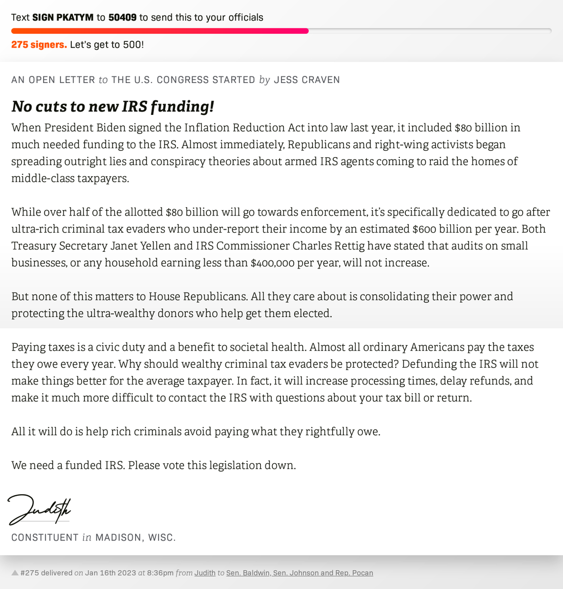 openletterbot's tweet photo. 🖋 Sign No cuts to new IRS funding! and I'll deliver a copy to your officials: https://t.co/0eDwGexzaw  📨 No. 275 is from Judith to @SenatorBaldwin, @SenRonJohnson and @RepMarkPocan #WI2 #WIpolitics https://t.co/Yez5bVZX4t