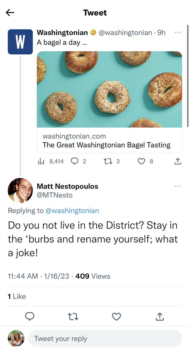 TasteSOTU's tweet photo. This might be the funniest and most unhinged thread I’ve read on DC Twitter and it’s all because of bagels that Washingtonian ranked in the DMV https://t.co/eWbuQfSW3c