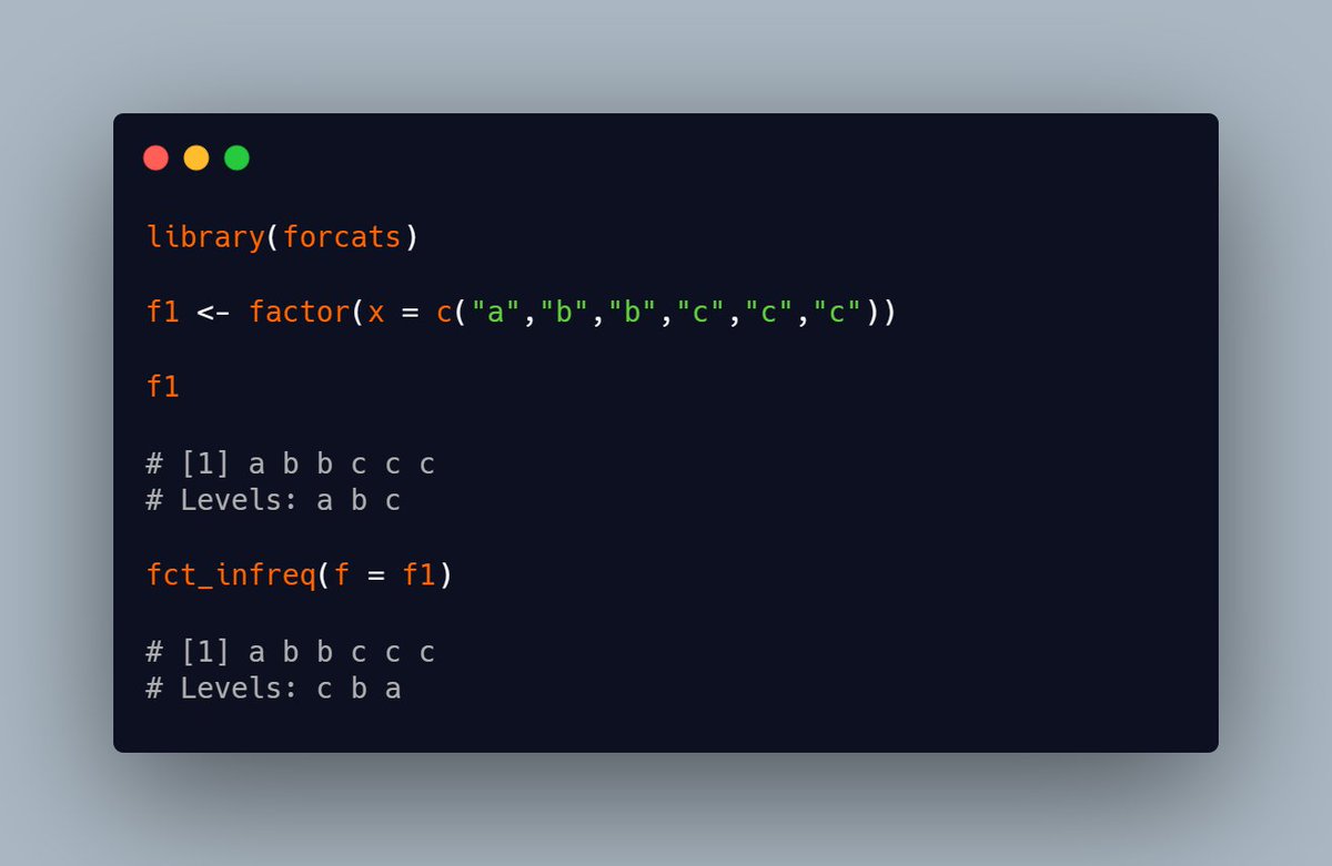 vbfelix's tweet photo. fct_inorder() allows us to order our factor by the number of observations of each level (descending)

#forcats #tidyverse #rstats https://t.co/ebvuqwq7Yp