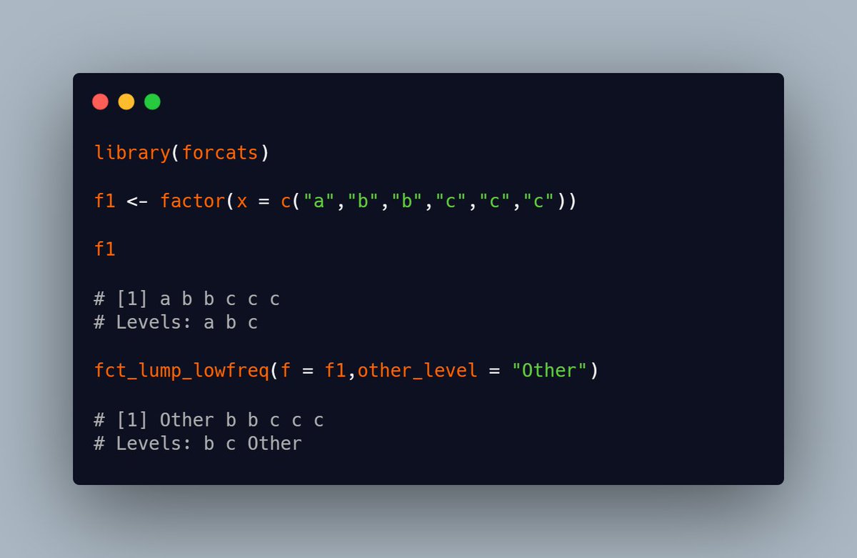 vbfelix's tweet photo. fct_lump_lowfreq() allows us to replace the least frequent level in our factor

#forcats #tidyverse #rstats https://t.co/AMol34gTfm