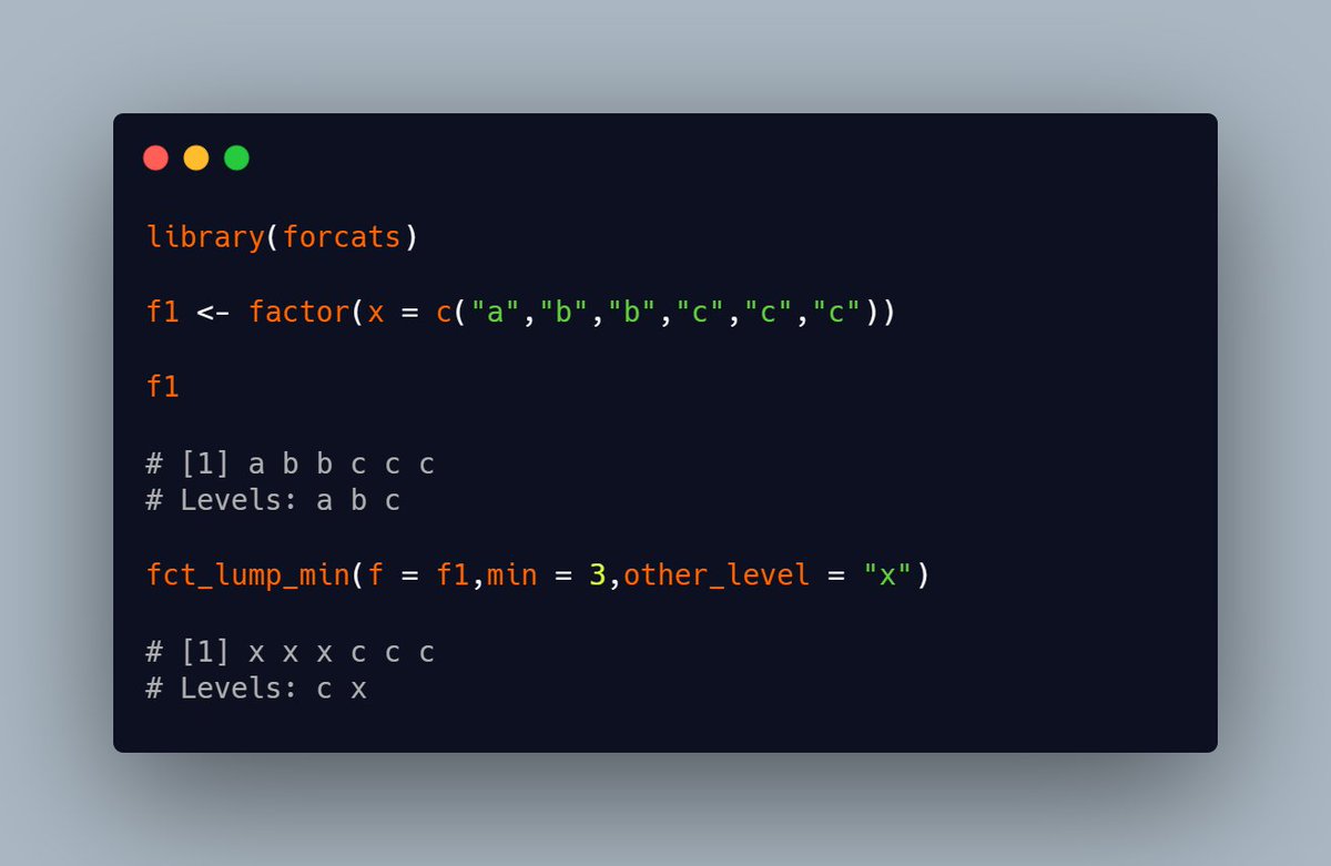 vbfelix's tweet photo. fct_lump_min() allows us to replace levels that appear fewer than `min` times in our factor 

#forcats #tidyverse #rstats https://t.co/Sw4AH2gbG2