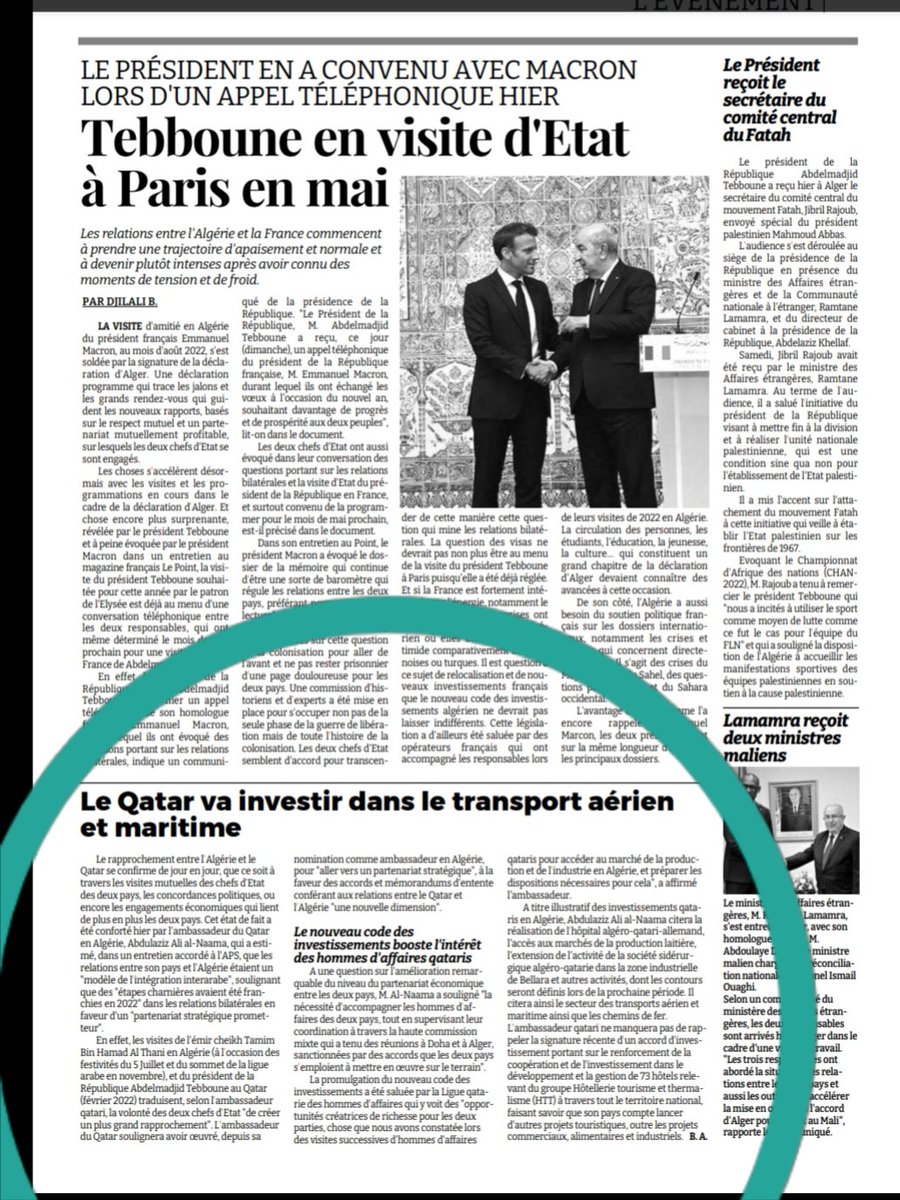 DZBusinessToday's tweet photo. | #PowerDZ 
[INFLUENCE]
🇧🇭🇩🇿
🗨 Mourad : 
Le #Qatar cible les secteurs stratégiques en #Algérie :
#Logistisques et #transports ( Pourtant sous réserve d'accord du MDN?)
#AgroAlimentaire et #siderurgie

Qui sont les "garants" des  intérêts  nationaux ?
#strategies #investments https://t.co/51Vfo10oOK