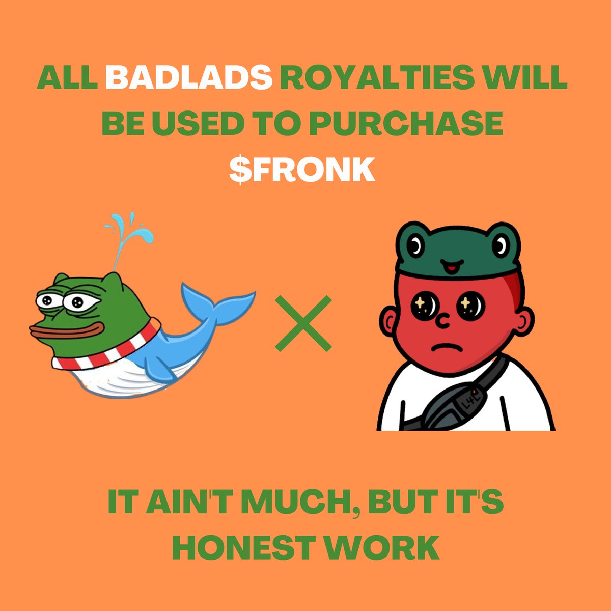 For the next 2 weeks, all of the royalties we make (10% of all sales) will be used to purchase $FRONK. 

It ain’t much, but it’s honest work. Let’s support other chains! <a href="/fronk_inu/">FRONK 🐸</a> <a href="/TheMcNewGuy/">TheMcNewGuy</a>